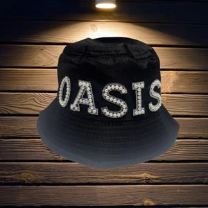 OASIS Perlen verschönerte schwarzer Fischerhut für Oasis Live | Fest | Auftritt | Mütze | Konzertkarte | Glitzer | glitzernd