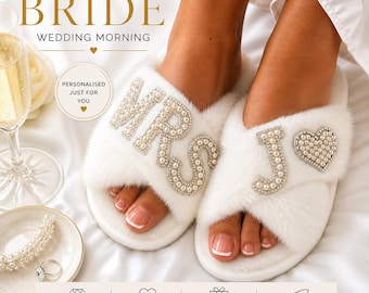 Pantofole da sposa personalizzate MRS / Pantofole da sposa con perle / Regalo per la futura sposa / Pantofole per addio al nubilato / Ciabatte in pelliccia bianca / Mattina del matrimonio