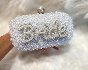 BRIDE  pearl embellished box clutch bag with removable pearl handle for wedding / hen party / bridal shower