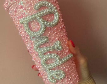Vaso para bebidas frías con perla adornada en rosa para novia, tapa de vaso con pajita, despedida de soltera, boda, regalo para la futura novia, con joyas, despedida de soltera