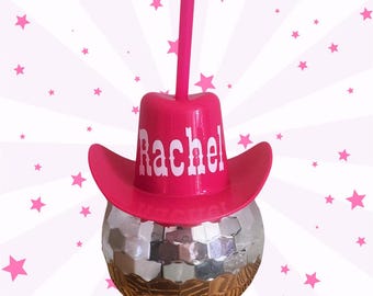 Personalisierte Discokugel Cowgirl Becher mit Deckel und Strohhalm | Junggesellinnenabschied | Hochzeit | Braut to be | Junggesellin | letzte Disco | letzten Rodeo