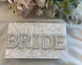 BRIDE embellished diamante and pearl box clutch bag with removable gold strap for wedding / hen / bridal party