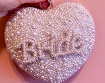 BRIDE Heart pearl embellished clutch bag with removable silver chain strap |wedding | hen party | bridal shower | hen do