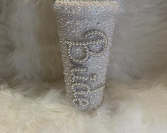 BRIDE Embellished pearl cold drinking cup | tumbler lid straw | hen party | wedding | bride to be gift | bejeweled | bachelorette