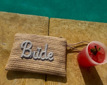 BRIDE Pearl embellished woven / straw clutch / pouch  with handle - summer bag | hen party | hen do | Bach |