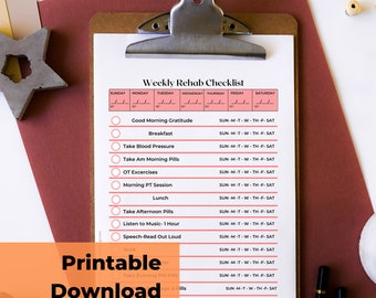 Weekly Rehab PDF Checklist | Printable Download | Track Daily Pills | Therapy Exercises / Health Tracker 8.5 x11 Sheet