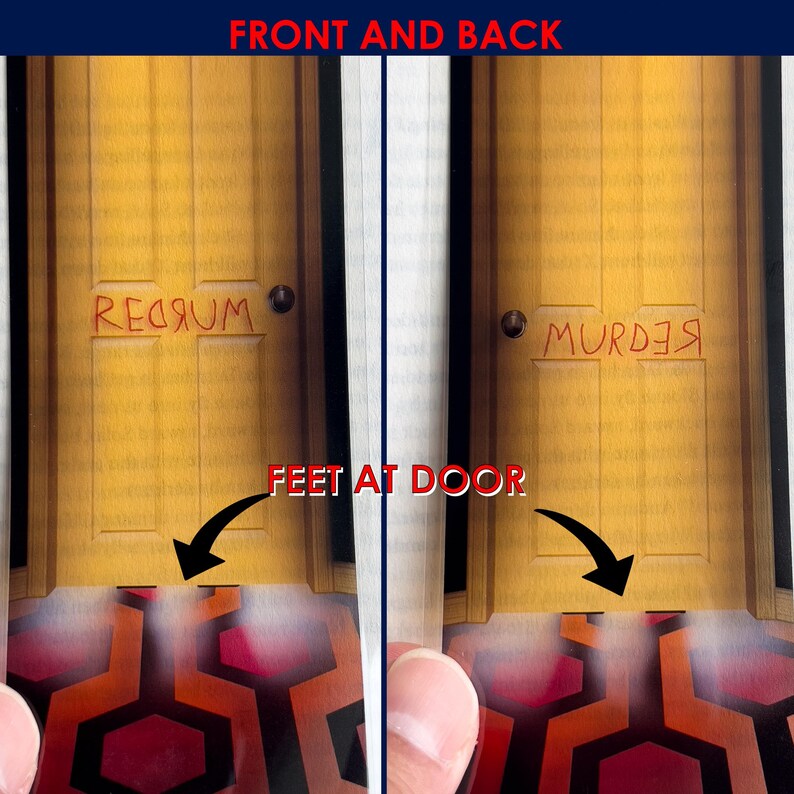 May include: A close-up of a yellow door with the word "REDRUM" written on it in red. The door is open and the viewer can see a red and black patterned carpet behind it. The word "MURDER" is written on the back of the door.