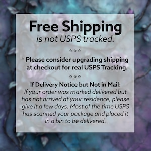 May include: Text on a white background against a blurred, colorful backdrop. The text reads "Free Shipping is not USPS tracked." and provides information about upgrading shipping options for tracking.