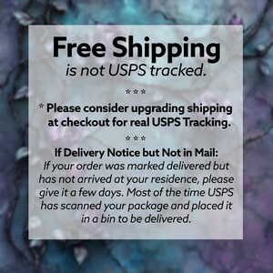 May include: Text on a white background against a blurred, colorful backdrop. The text reads "Free Shipping is not USPS tracked." and provides information about upgrading shipping options for tracking.
