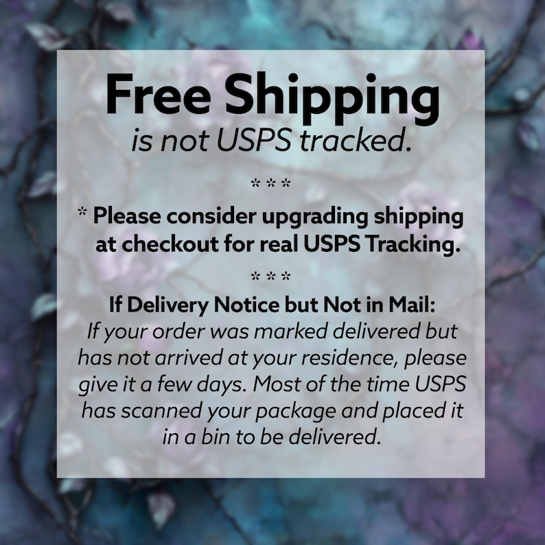 May include: Text on a white background against a blurred, colorful backdrop. The text reads "Free Shipping is not USPS tracked." and provides information about upgrading shipping options for tracking.