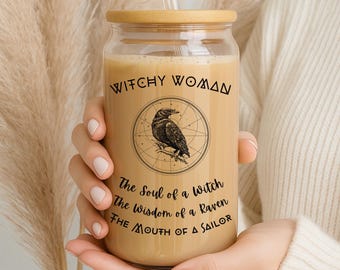 Mystical Witchy Iced Coffee Cup Boho Glass Tumbler with Bamboo Lid, Celestial Crystals and Sage Vibes, Spiritual Gift for Witches Raven Crow