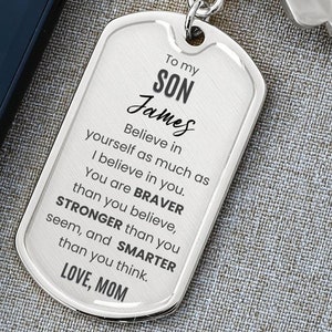 Portachiavi girevole con targhetta per cani "To My Son" da mamma o papà, regalo di compleanno per figlio, idee regalo per laurea per figlio, regalo di Natale per figlio