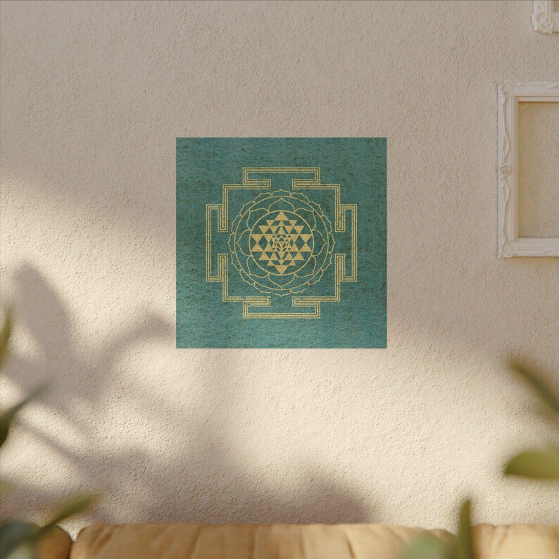 Sri Yantra Textured Watercolor Matte Poster - Cascade Green Background ...