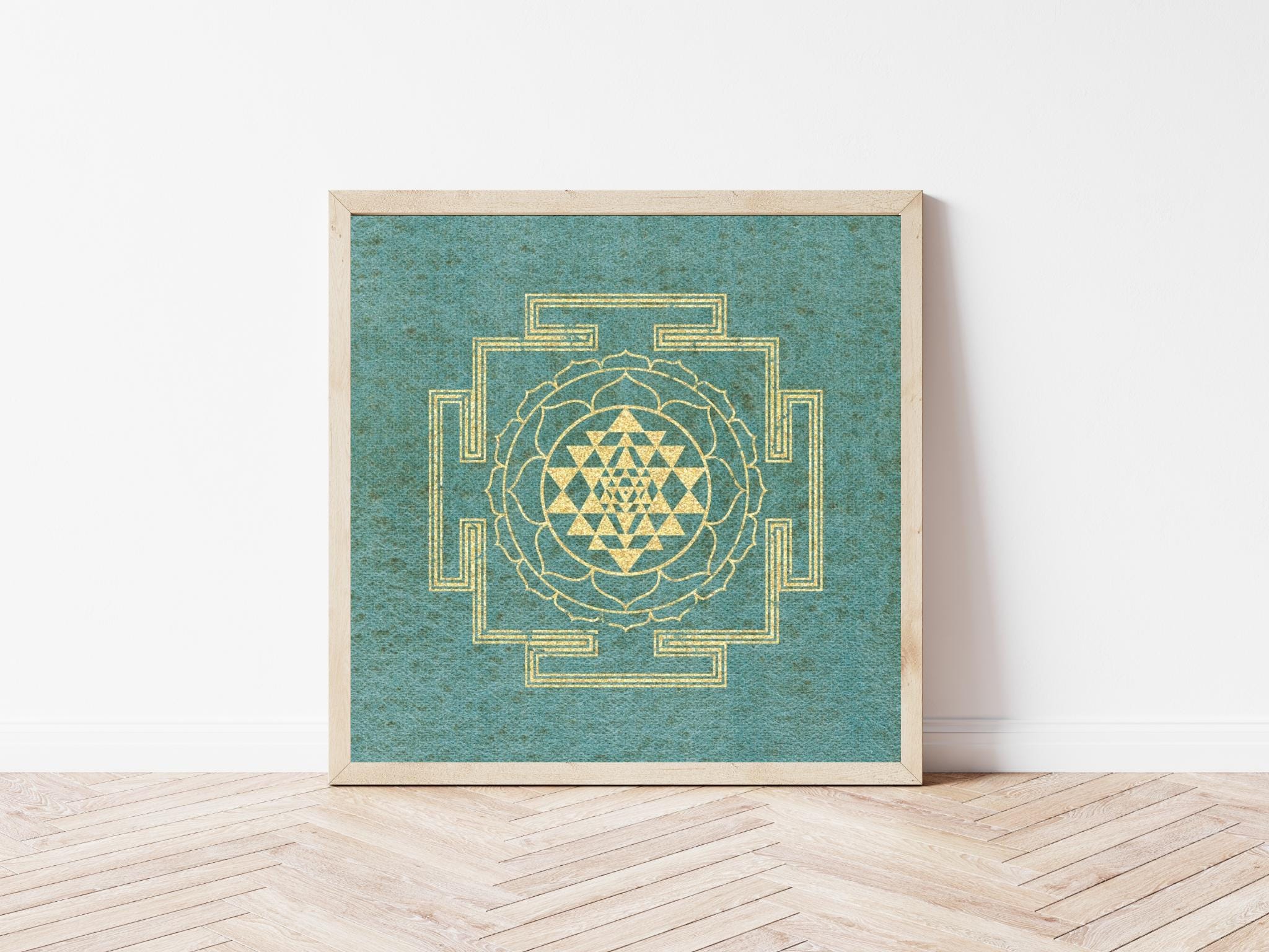 Sacred Sri Yantra Art Poster on Green Watercolor Background - Spiritual ...