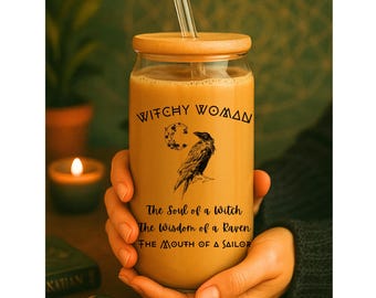 Mystical Witchy Iced Coffee Cup Boho Glass Tumbler with Bamboo Lid, Celestial Crystals and Sage Vibes, Spiritual Gift for Witches Raven Crow