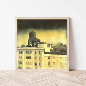 Industrial Sunset Park, Brooklyn, New York Cityscape, watertoren getextureerde aquarel matte poster van aquarel schilderij