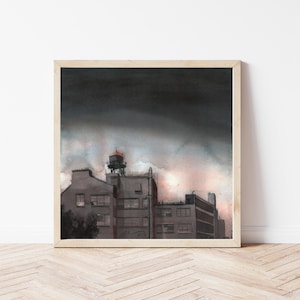 Industriële zonsondergang Brooklyn Cityscape aquarel poster, New York watertoren Art Print, getextureerde mat muurdecoratie