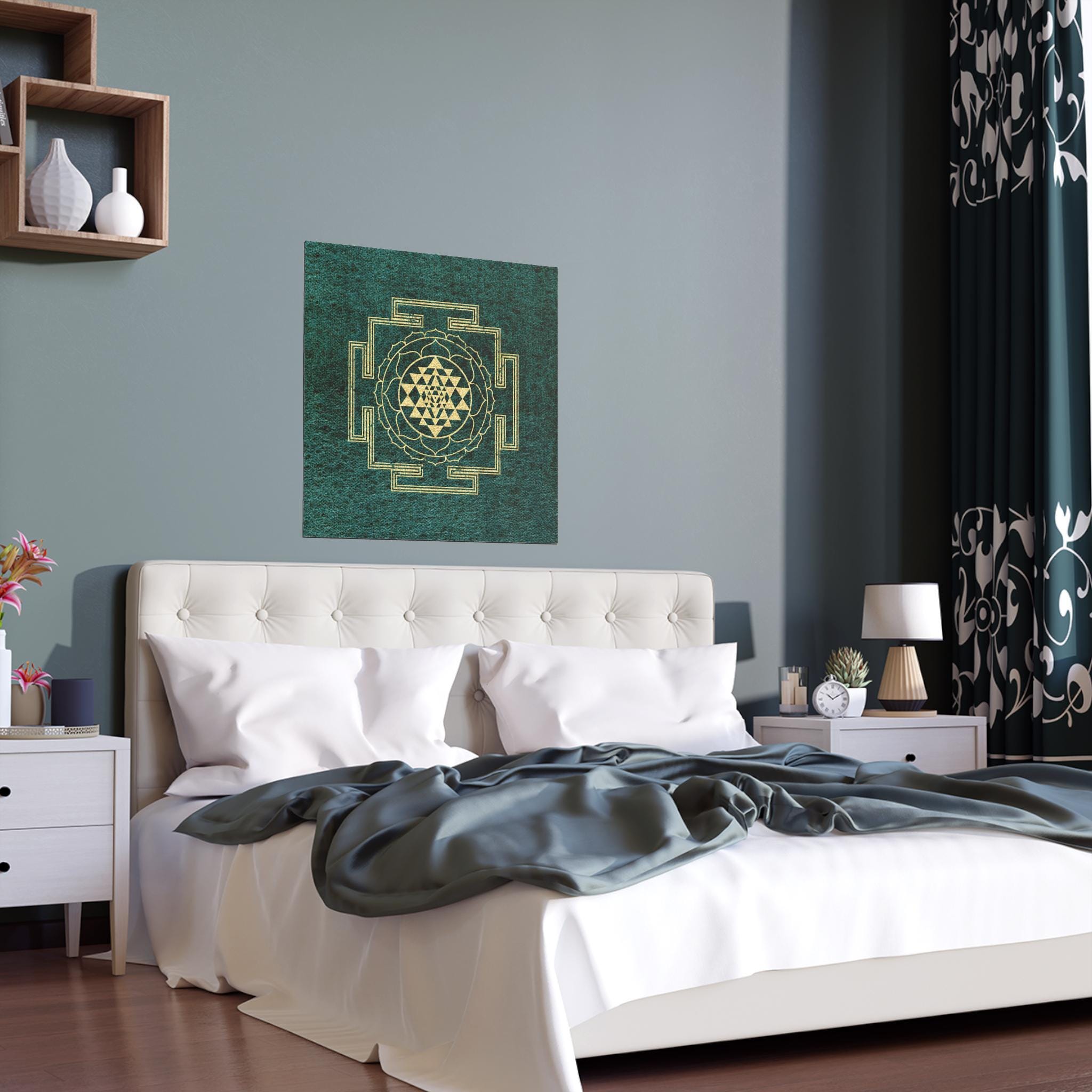 Silk Poster, Sacred Sri Yantra on Green Mineral Watercolor Background ...
