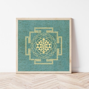 Sri Yantra Textured Watercolor Matte Poster - Cascade Green Background Art Print for Meditation & Spiritual Decor