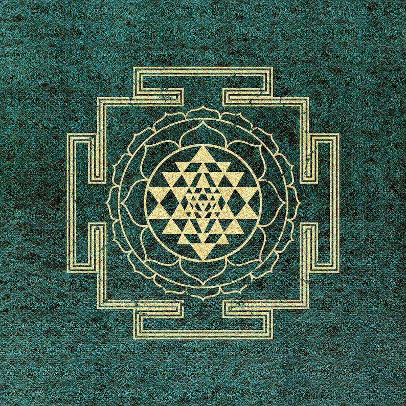 Silk Poster, Sacred Sri Yantra on Green Mineral Watercolor Background