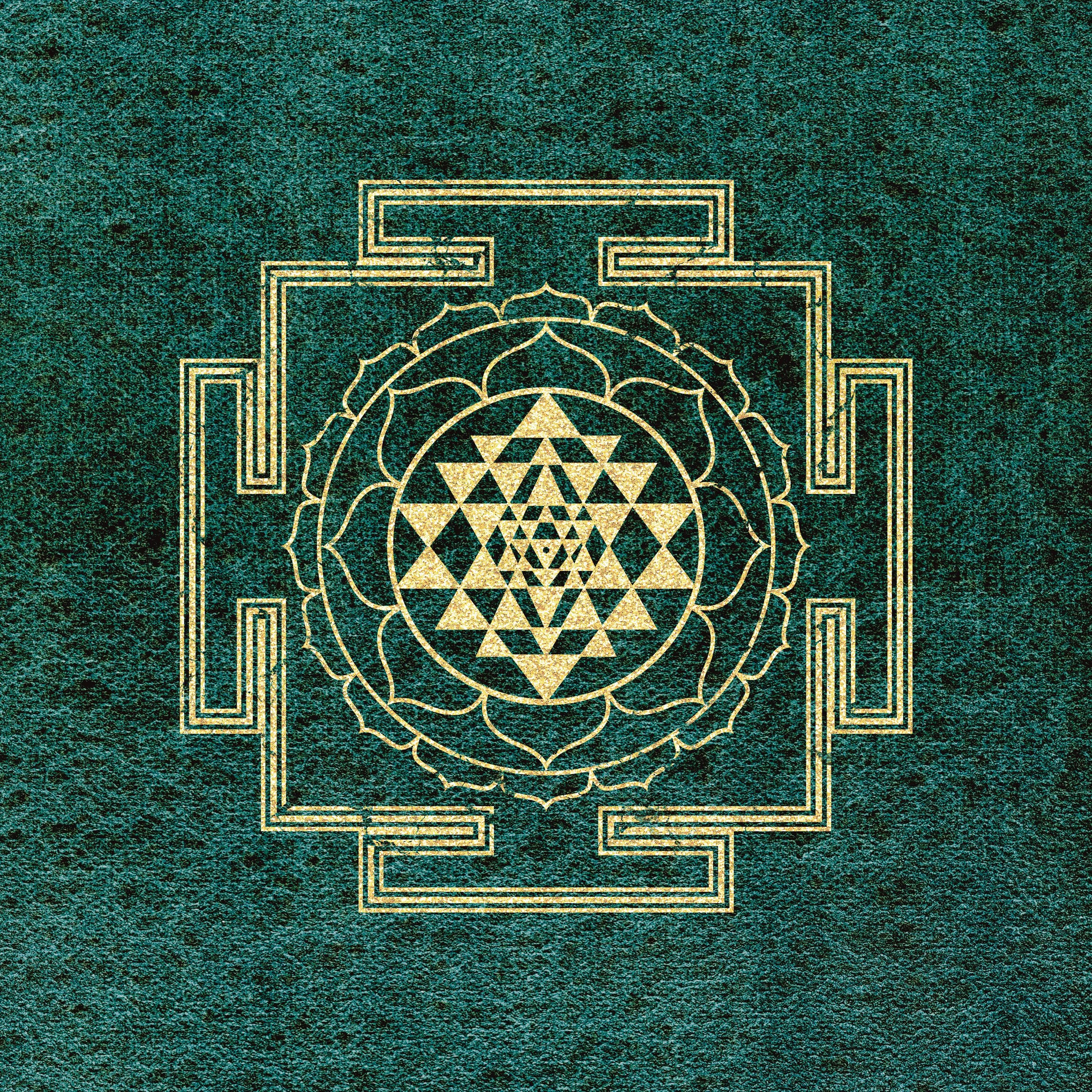 Silk Poster, Sacred Sri Yantra on Green Mineral Watercolor Background ...