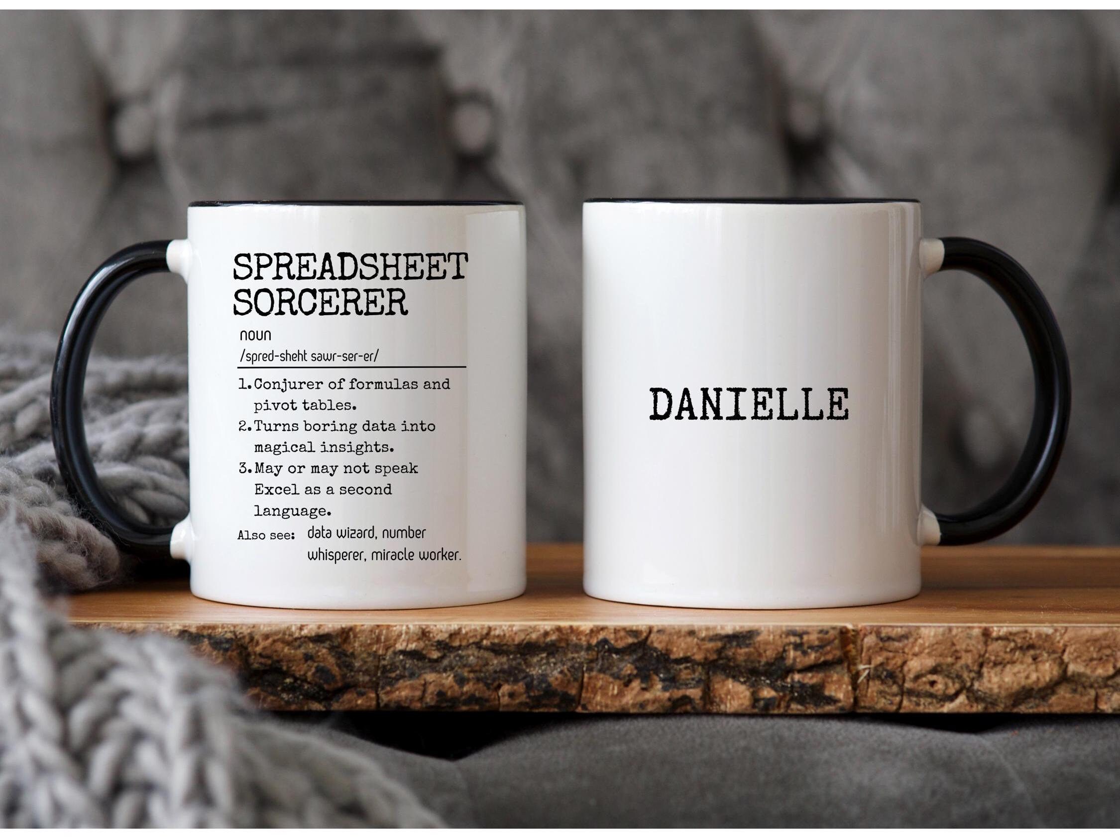 Funny Spreadsheet Sorcerer Mug, Personalized Office Gift, Problem Solver, Humorous Coworker or Friend Gift, Custom Coffee Cup, Gag Mug