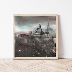 Brooklyn NYC aquarel matte poster, watertoren en vrijheidstoren stedelijk landschap Art Print, NYC stadsgezicht muur decor