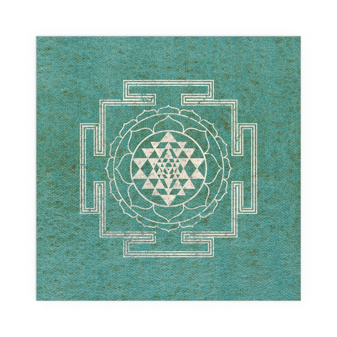 Silk Poster, Sacred Sri Yantra on Green Mineral Watercolor Background ...