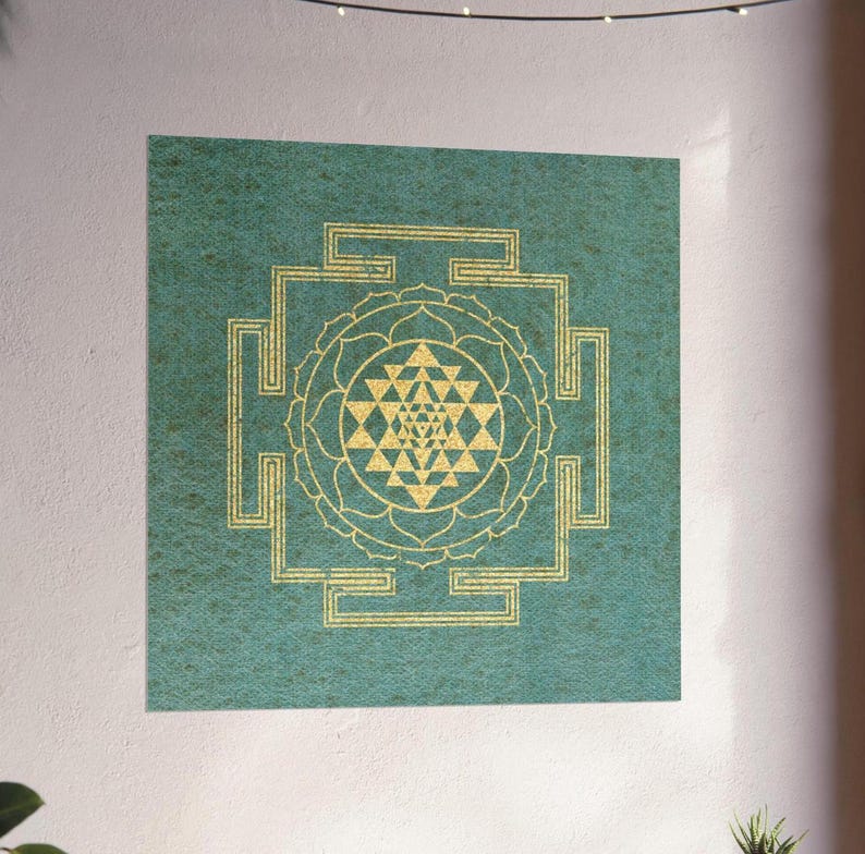 Sacred Sri Yantra Art Poster on Green Watercolor Background - Spiritual ...