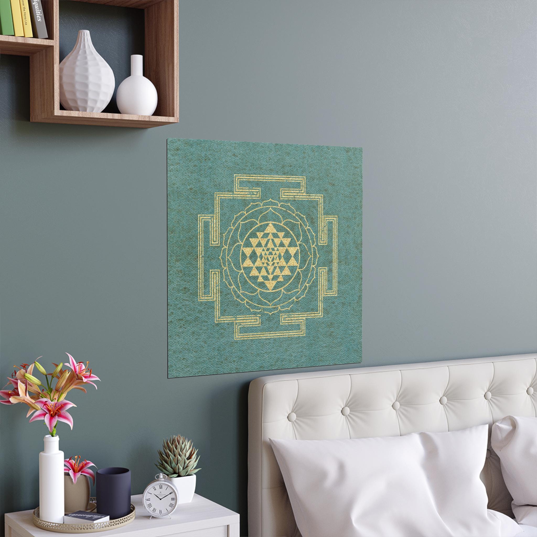 Sri Yantra Silk Poster - Cascade Green Watercolor Art, Sacred Geometry ...