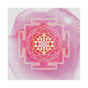 Póster de seda, Sri Yantra sobre fondo de acuarela rosa, decoración de pared, póster espiritual, impresión de meditación, decoración de estudio de yoga