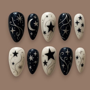 Celestial Starry Night Press On Nails: Gothic Moon & Star Nail Art