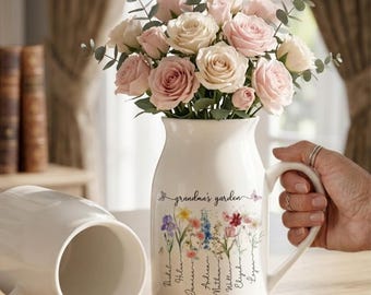 Grandma Garden Ceramic Flower Vase, Birth Month Flower Vase, Grandmas Garden Vase, Birthday Gift for Mom Nana, Mothers Day Gift