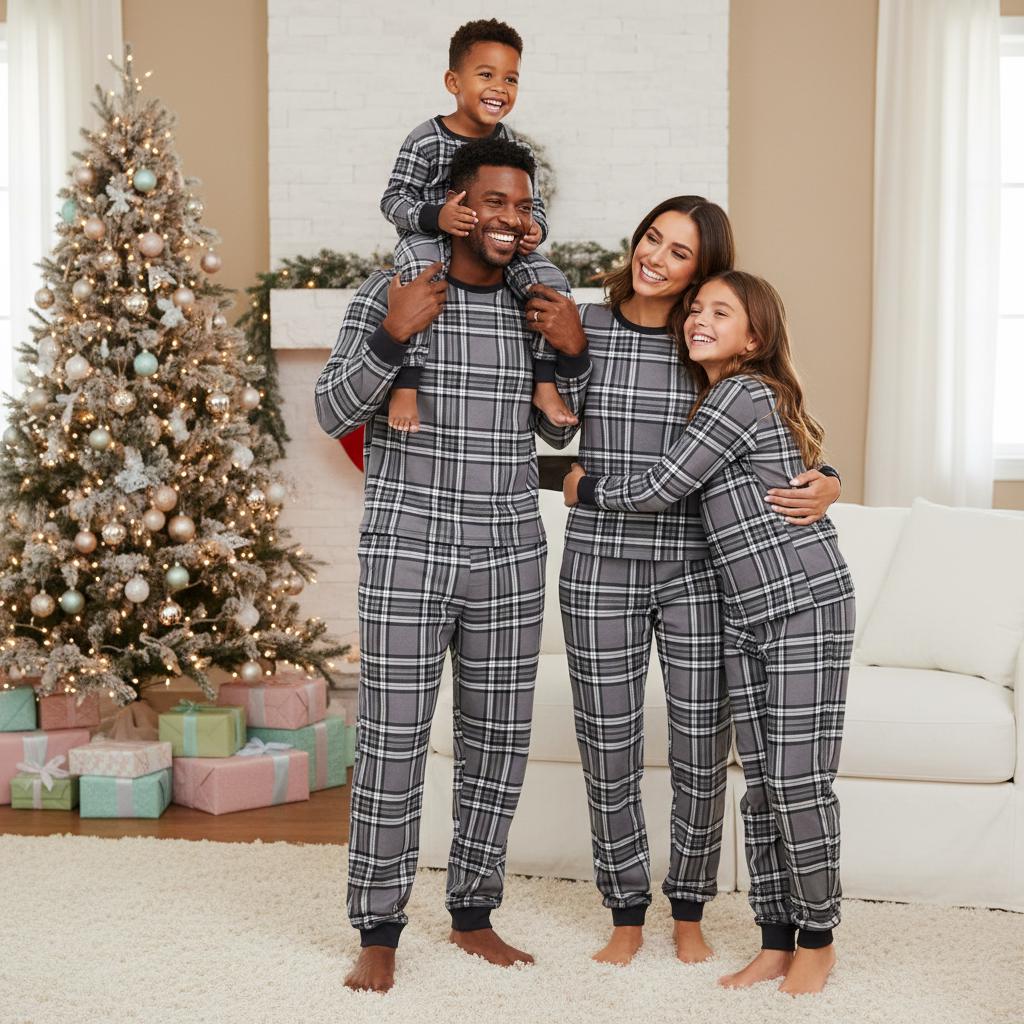 Discover Plaid Family Pajama Set, Grey Check Long Sleeve PJs, Cozy Christmas Pajamas, Matching Loungewear for Adults