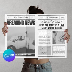 Plantilla de Canva para invitación de boda de 6 páginas, periódico, noticias de última hora, invitación con foto, bricolaje, editable, doblada, imprimible, instantánea, tamaño A4, A3, carta de EE. UU.