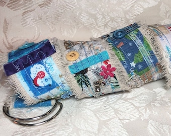 Boho Canvas Belt, Christmas Belt, Blue and White Textile Art Belt, Patchwork Fabric Belt, OOAK Belt, Snippet Roll Style Belt