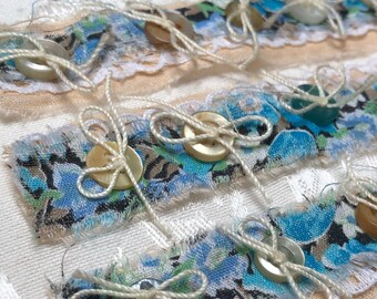 Fabric Snippet Strips with Buttons, Blue-Green Fabric Layered, Lace, Bows on Buttons, Cotton Fabrics, To Cut Apart, 6 inches