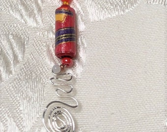 Glue Bottle Dangle, Glue Bottle Jewelry, Stainless Steel Eyepin Attached 5-inch Wire Bead Dangle Red Yellow Beads Handmade Paper Beads