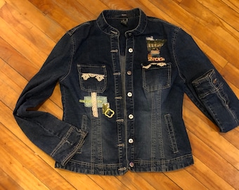 Minnesota Appliqued Jacket, Wearable Art Jean Jacket, Moose Appliqued Denim Jacket, Upcycled Embellished Size M Mandarin Collar