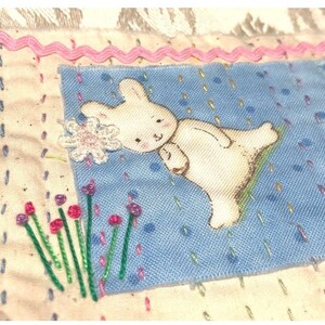 Junk Journal Spring Bunny Slow Stitch Applique Quilted Fabric Snippet Hand Sewn Cute Embellishment Ephemera 2 Piece Set