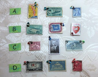 3-Pack Vintage Postage Stamp Charms with Jump Ring Attachment and Colorful Seed Beads, Junk Journal Page Charms, Dangles, Drippings G6