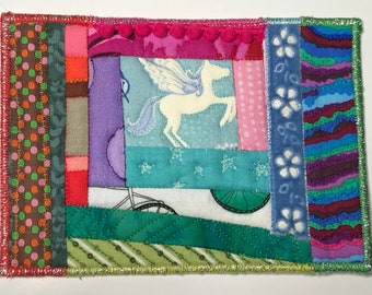 Pegasus Art Quilt, Mini Art Quilt, Pegasus Fabric Collage, Patchwork Pegasus Postcard, Scrappy Postcard, Boho Postcard