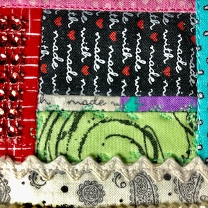 Postcard Fabric Art, Mini Art Quilt, Abstract Fabric Collage, Patchwork Postcard, Scrappy Postcard, Boho Postcard