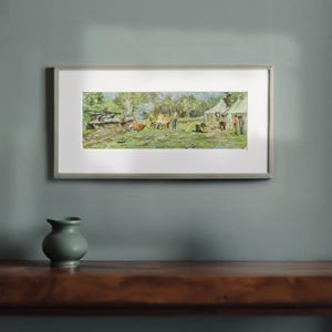 Pintura a óleo vintage – "No acampamento dos geólogos", estudo original ao ar livre, pinceladas texturizadas, cena de acampamento militar, item colecionável exclusivo