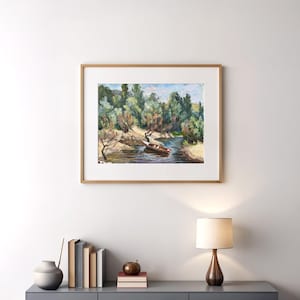 Pintura a óleo original vintage com cena de rio em barco, arte original da natureza de 1978, exibição de água ousada, decoração de parede moderna, arte vibrante de barco