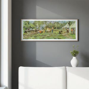 Pintura a óleo original Cena de acampamento de geólogos Ano: 1982, Arte da natureza feita à mão, Vida rústica ao ar livre, Presente de decoração de parede exclusivo, Paisagem serena