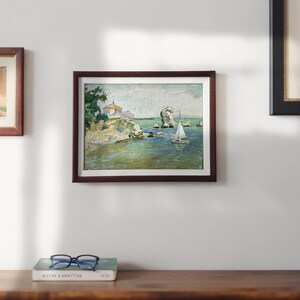 Estudio de velero: pintura al óleo vintage sobre cartón, escena costera del mar de Azov con acantilados y mirador, obra de arte impresionista original hecha a mano, 2001
