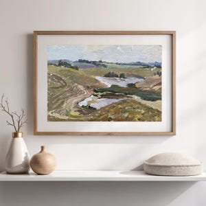 Pintura al óleo original de una escena campestre (año 1986), arte paisajístico original, exhibición en una colina, regalo de decoración de pared moderna, obra de arte con un río vibrante