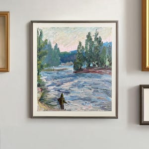 Pintura a óleo feita à mão "Noite no Rio Tisa", arte paisagística original, exibição de água exuberante, decoração de parede moderna, presente, pôr do sol vibrante, vintage de 1980