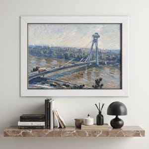 Pintura al óleo original con escena del puente del Danubio, año 1981, arte urbano original, exposición sobre un río audaz, regalo de decoración de pared moderna, obra de arte vibrante sobre un puente.